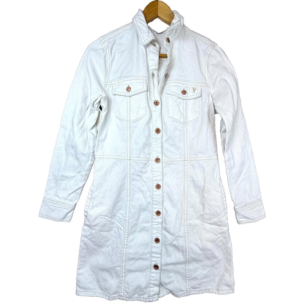 Frye Denim Shirt Dress Womens XS White Collared Button Front Y2K 90s Utility